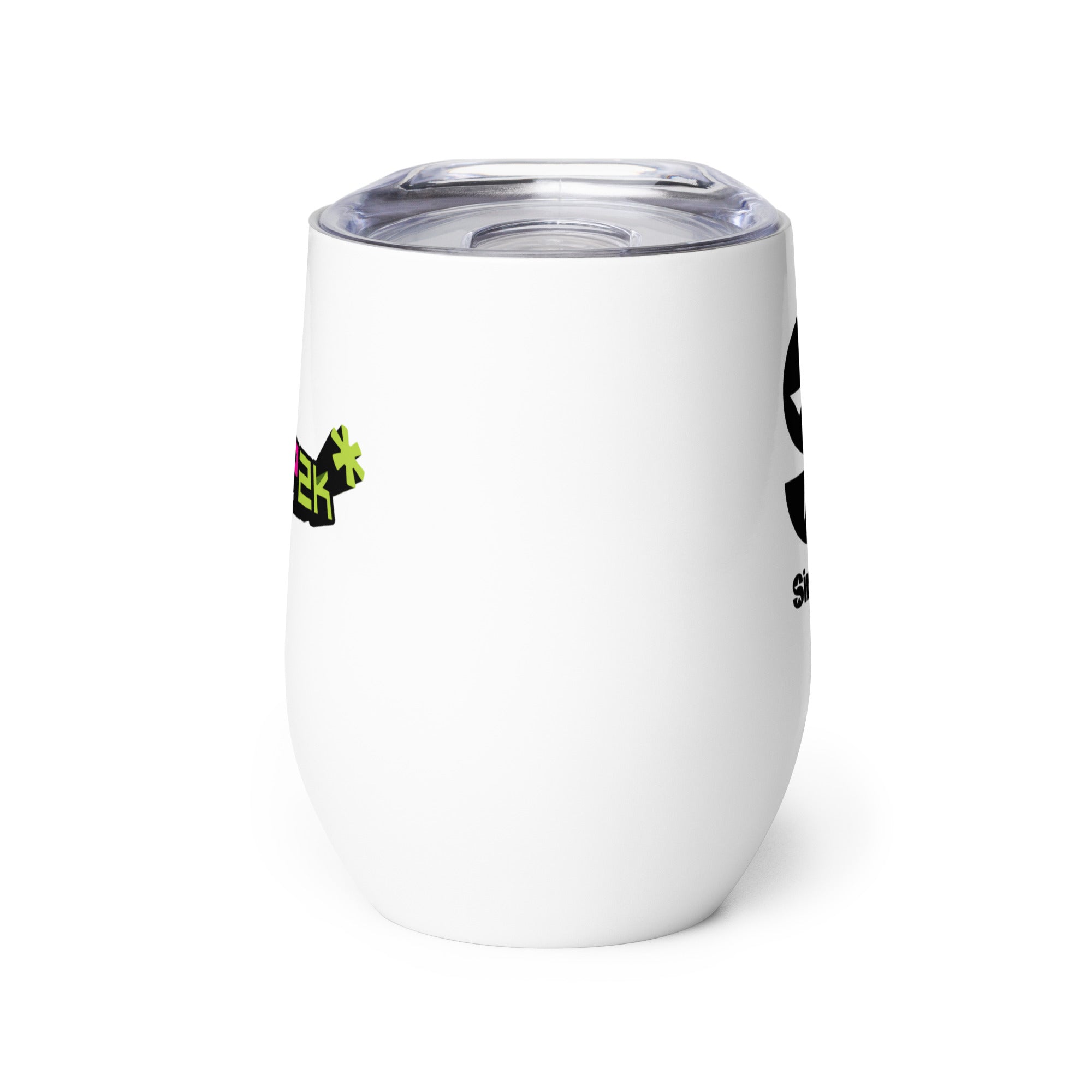 Side view of white insulated tumbler partially, displaying front and back designs.