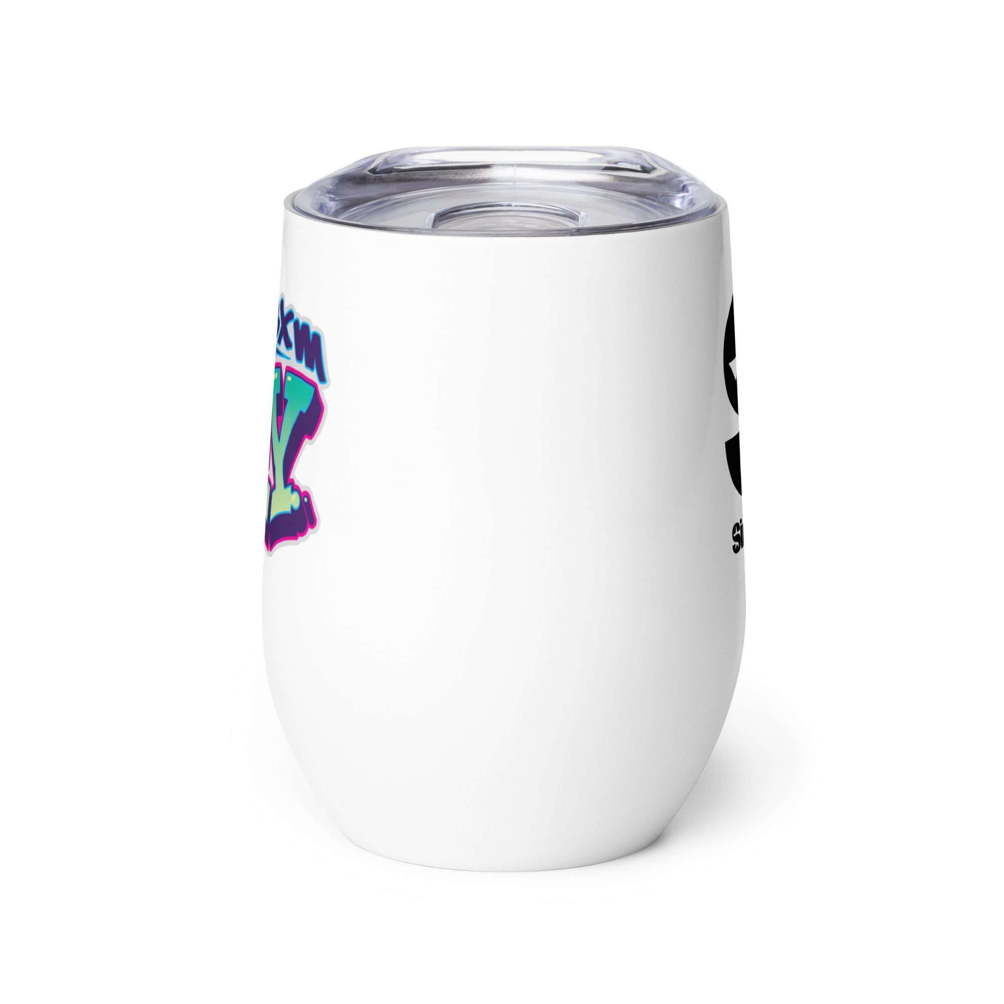 Side view of white insulated tumbler partially, displaying front and back designs.