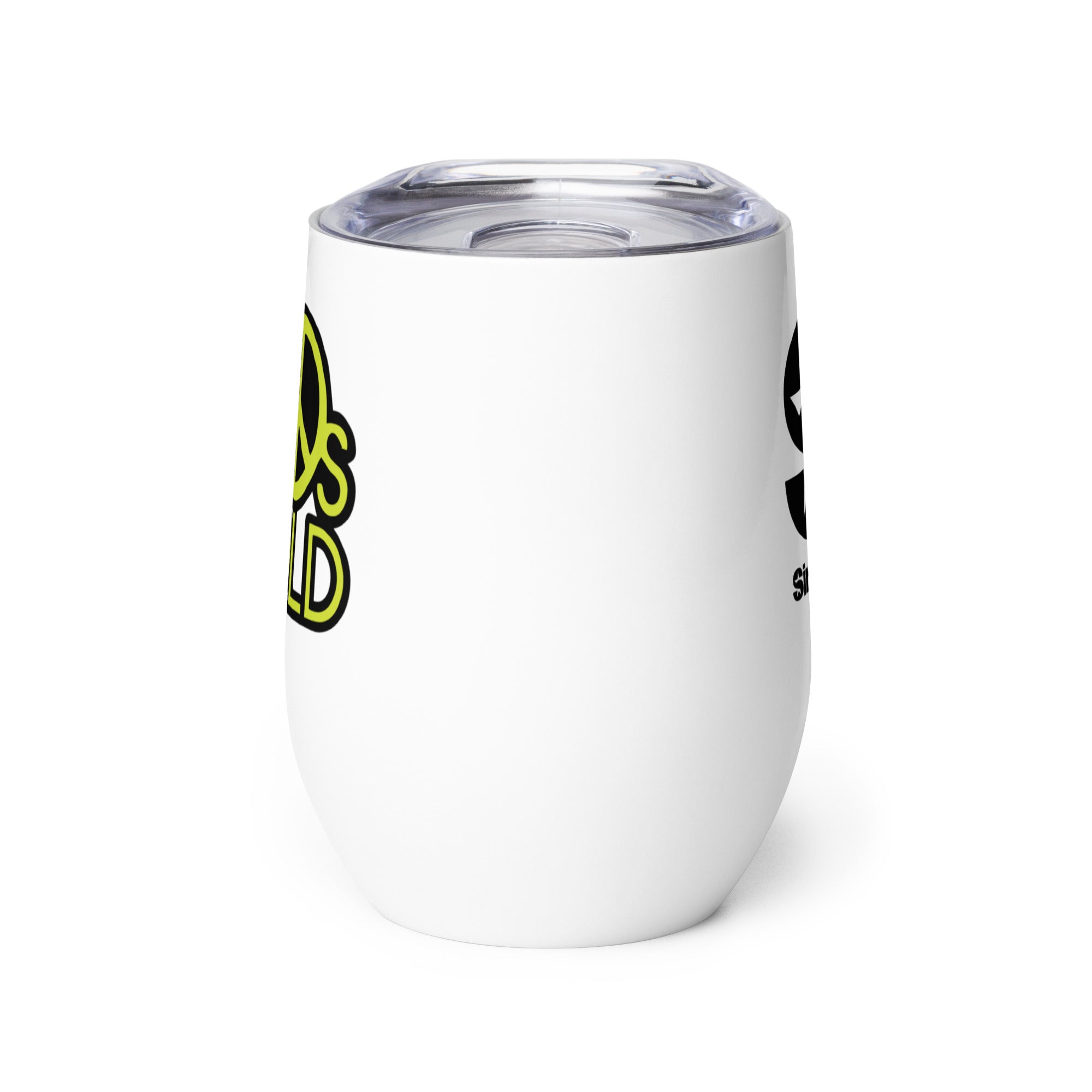 Side view of white insulated tumbler partially, displaying front and back designs.