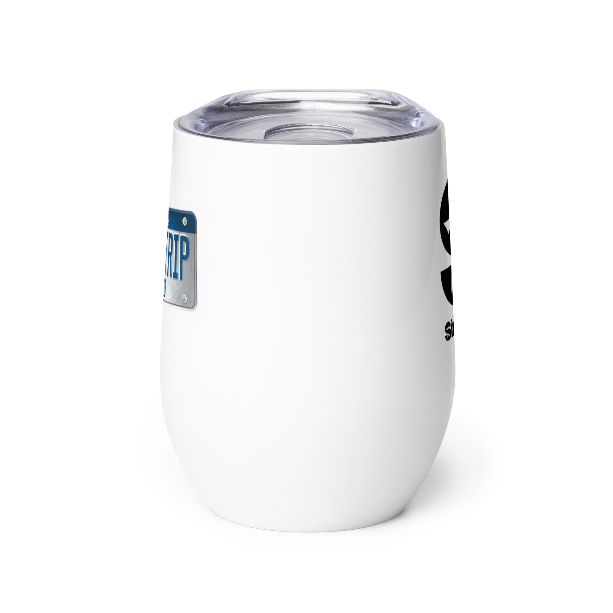 Side view of white insulated tumbler partially, displaying front and back designs.