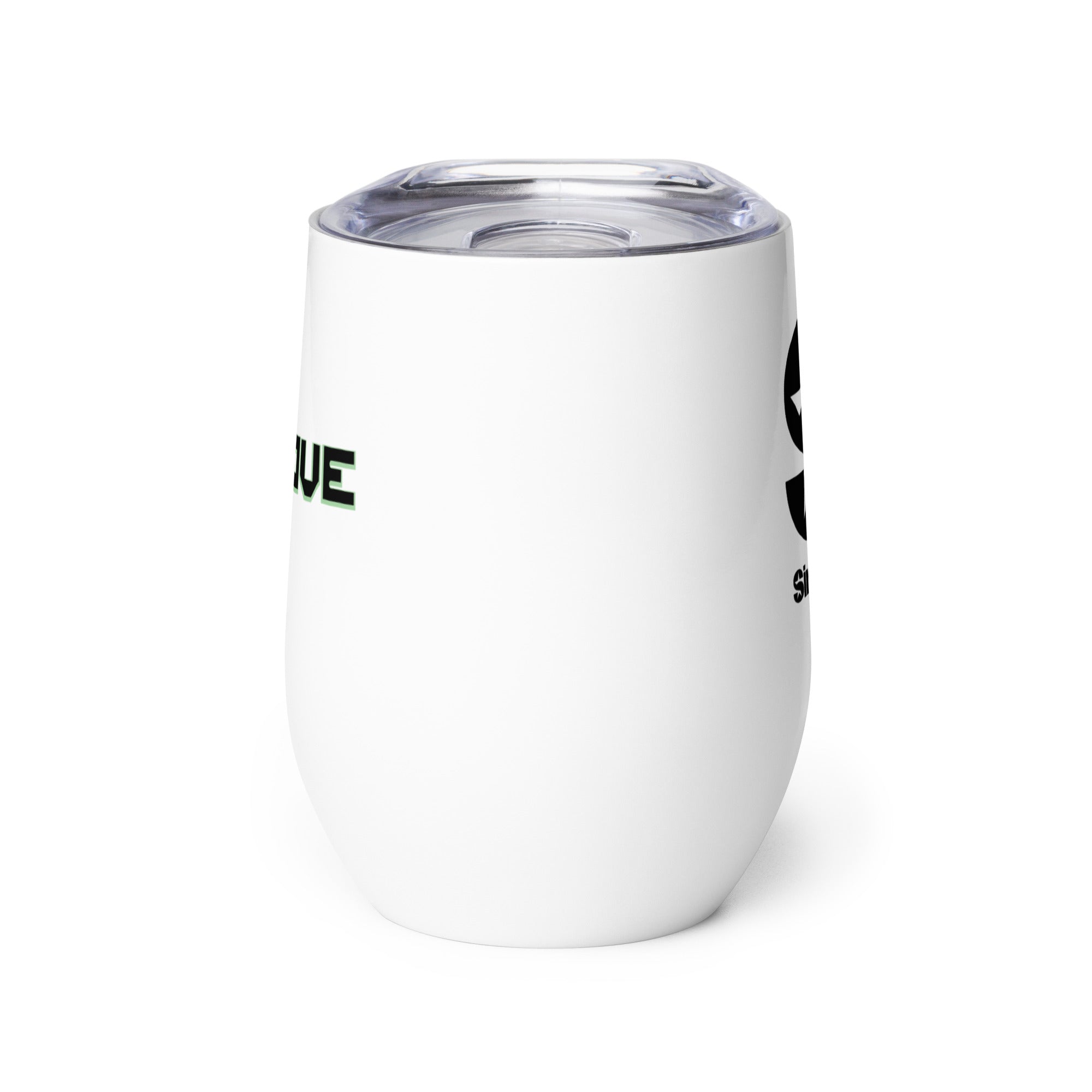 Side view of white insulated tumbler partially, displaying front and back designs.