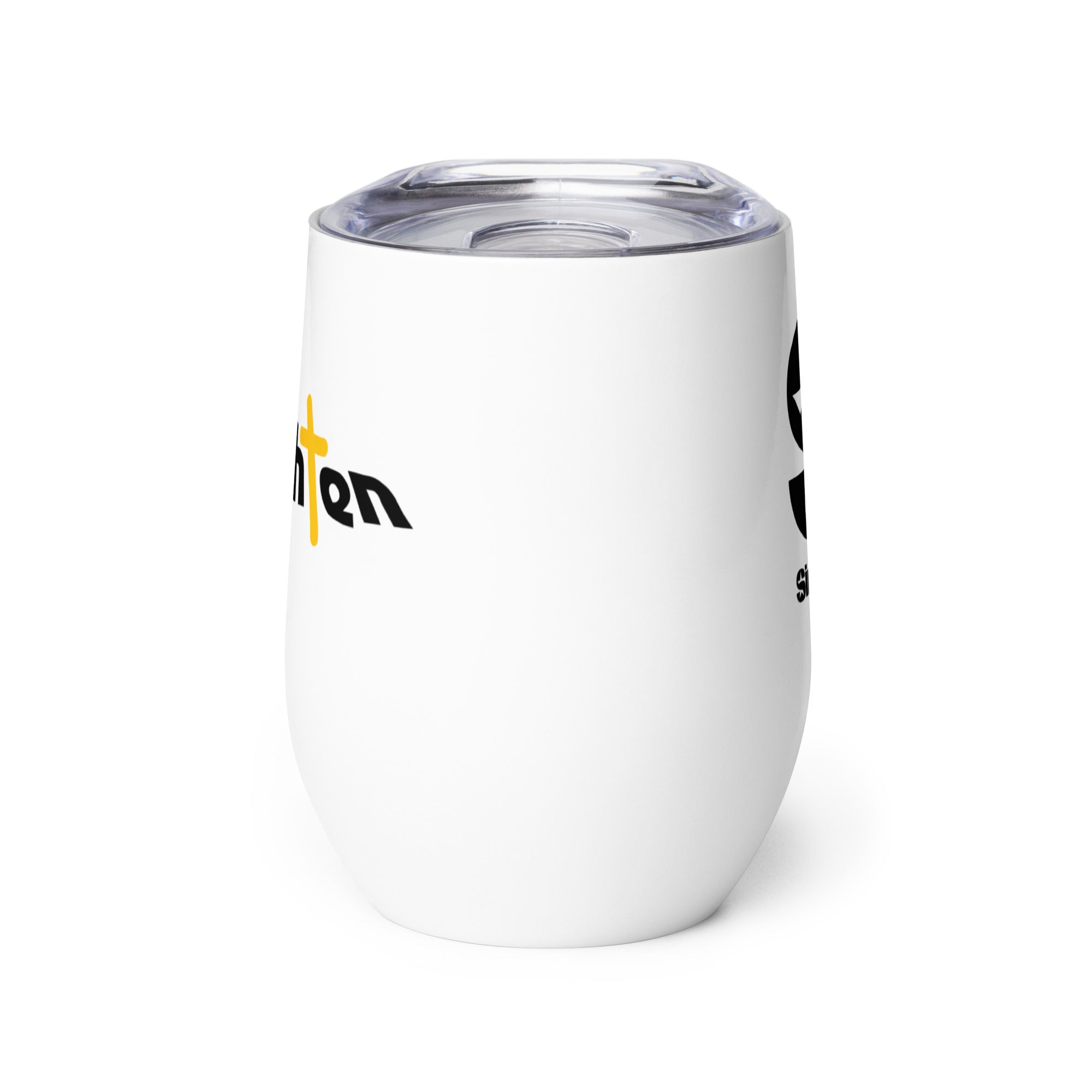 Side view of white insulated tumbler partially, displaying front and back designs.