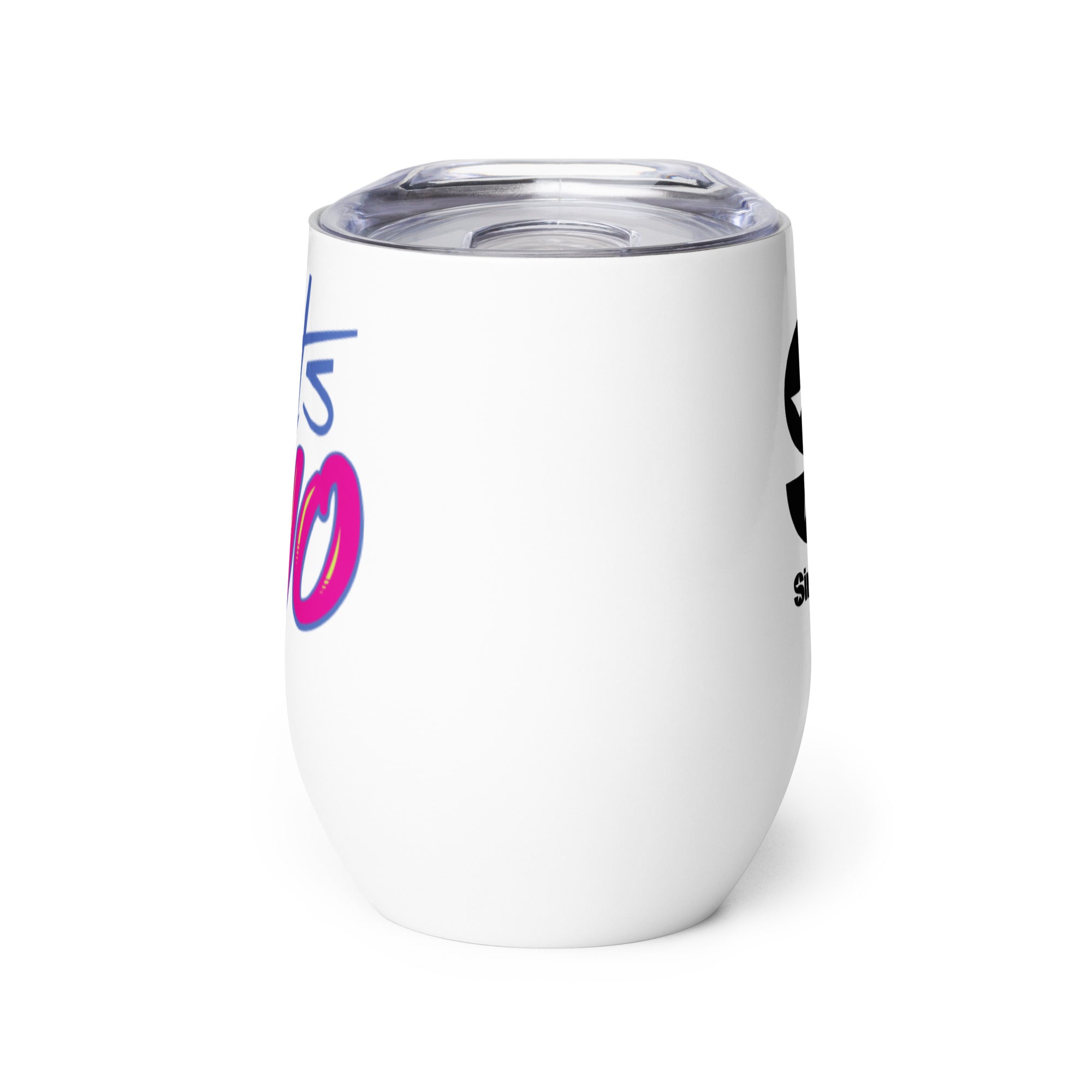 White insulated tumbler featuring a clear lid. Side view.