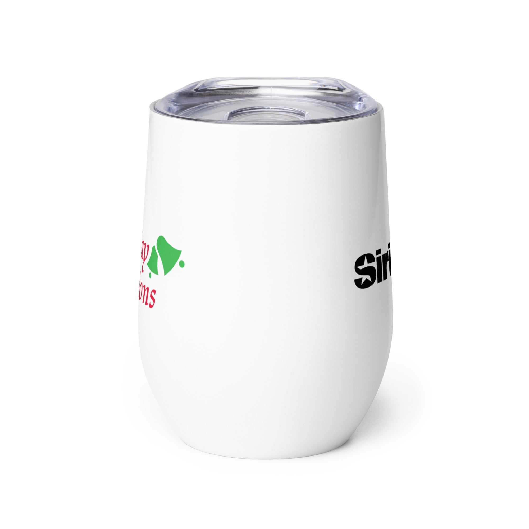 Profile view of white wine tumbler with a clear lid with the Holiday Traditions logo on one side and the 'SiriusXM' logo on the other side.