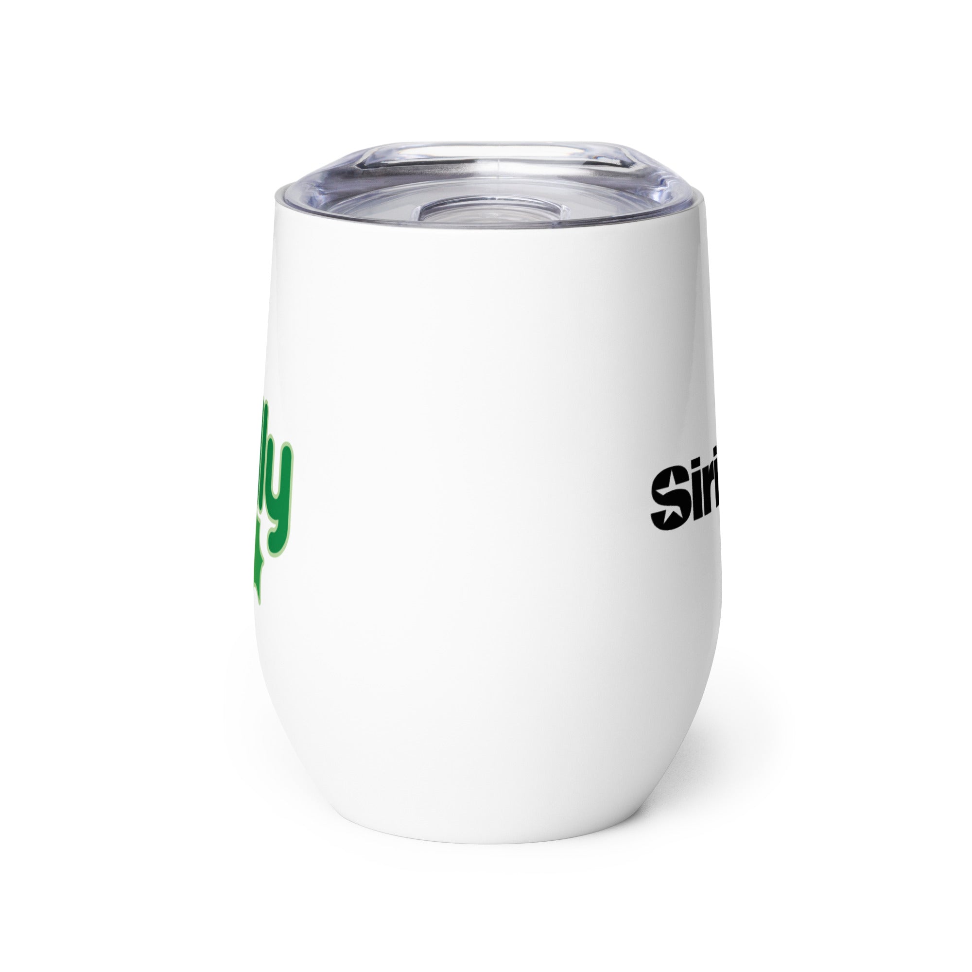 Profile view of white wine tumbler with a clear lid with the Holly logo on one side and the 'SiriusXM' logo on the other side.