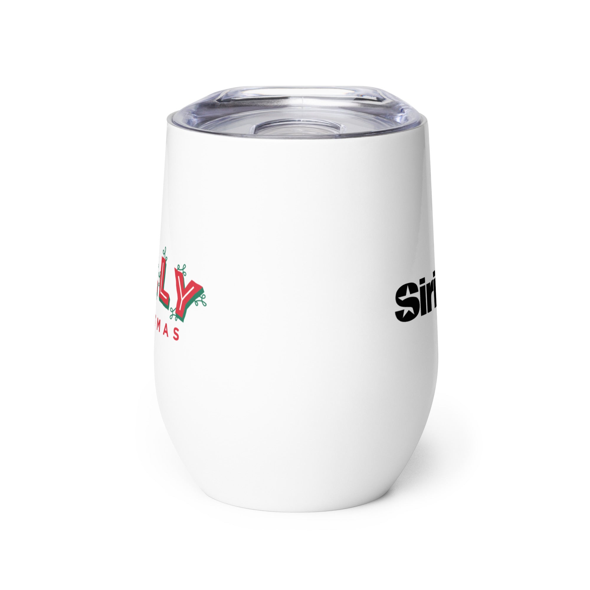 Profile view of white wine tumbler with a clear lid with the 'Jolly Christmas' logo on one side and the SiriusXM logo on the other side.