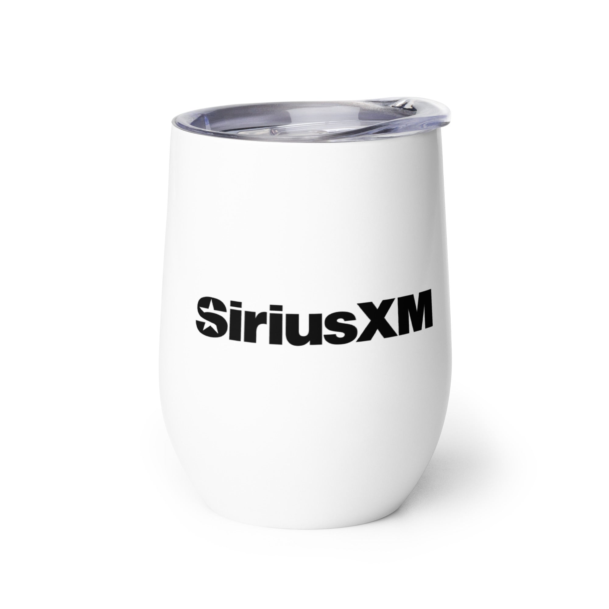 One side of white wine tumbler with a clear lid and black 'SiriusXM' logo.