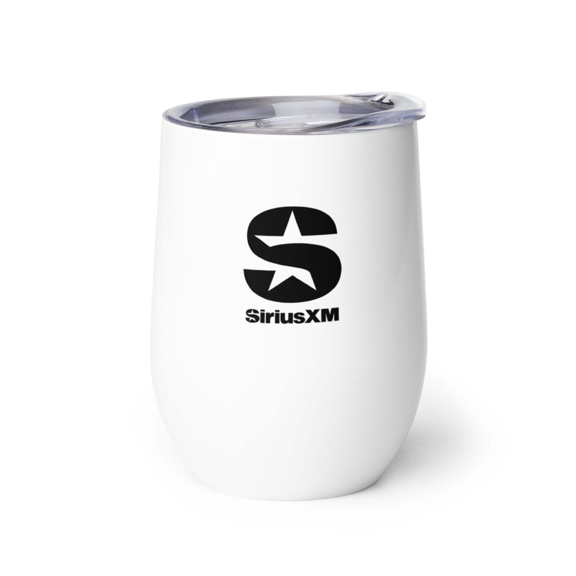 Back side of white insulated tumbler with clear lid featuring 'SiriusXM' logo in black text.