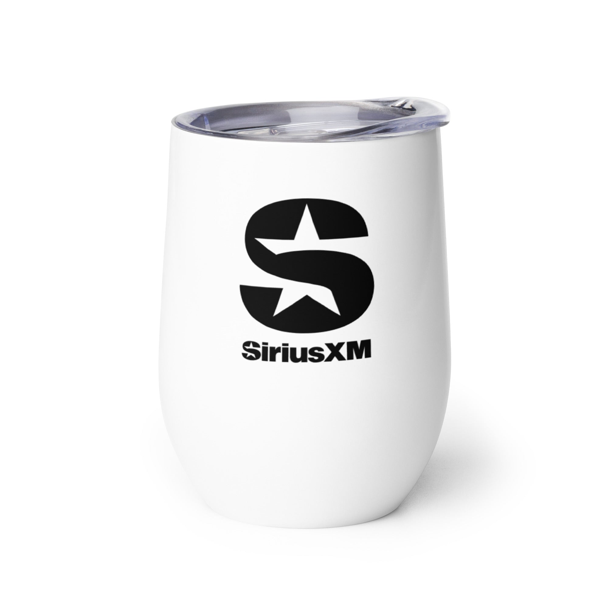 Back side of white insulated tumbler with clear lid featuring 'SiriusXM' logo in black text.