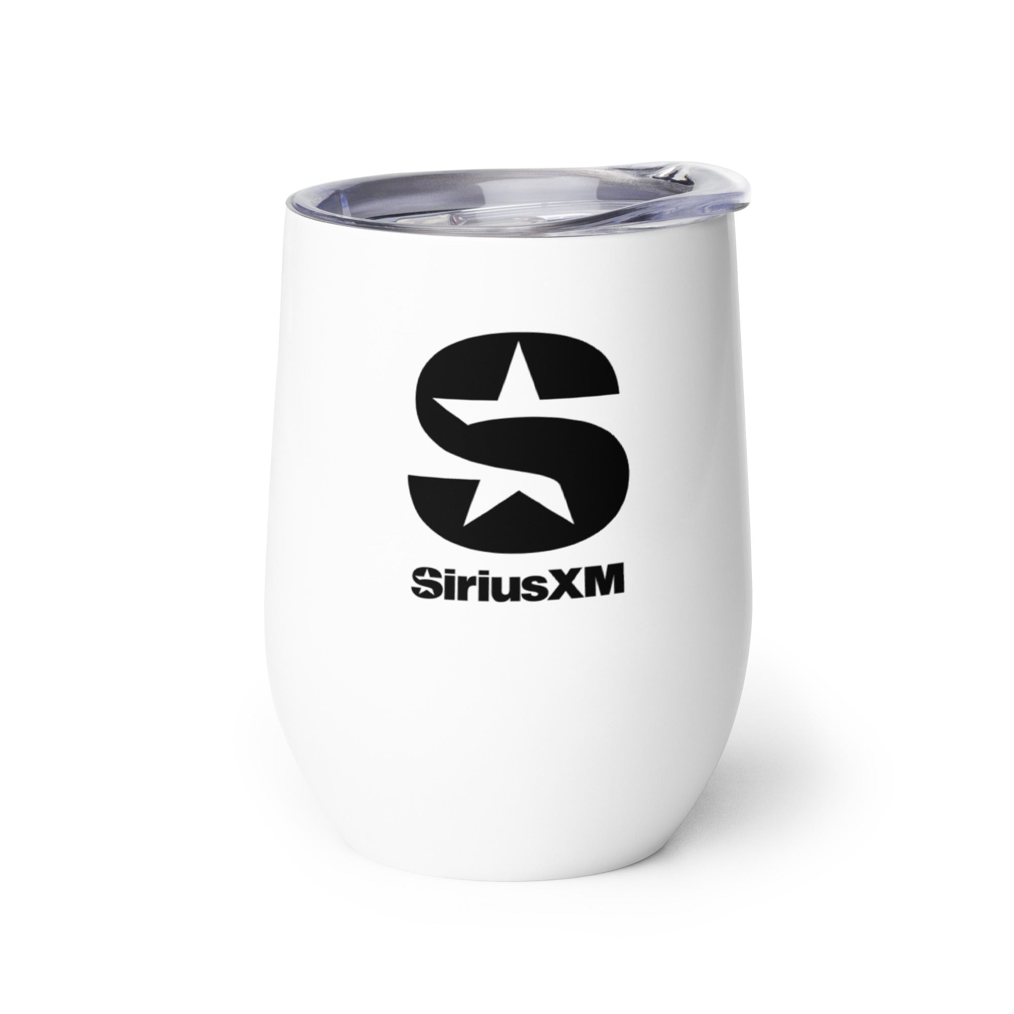 Back side of white insulated tumbler with clear lid featuring 'SiriusXM' logo in black text.