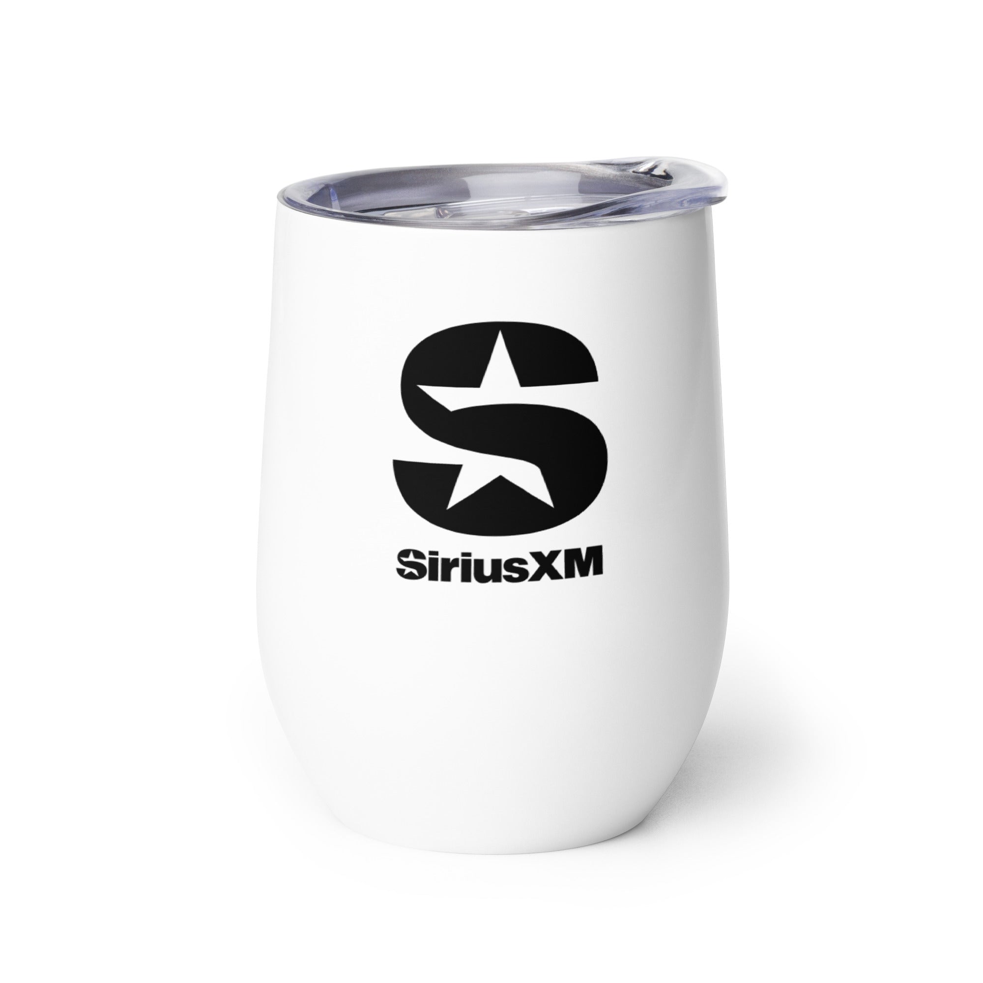 Back side of white insulated tumbler with clear lid featuring 'SiriusXM' logo in black text.