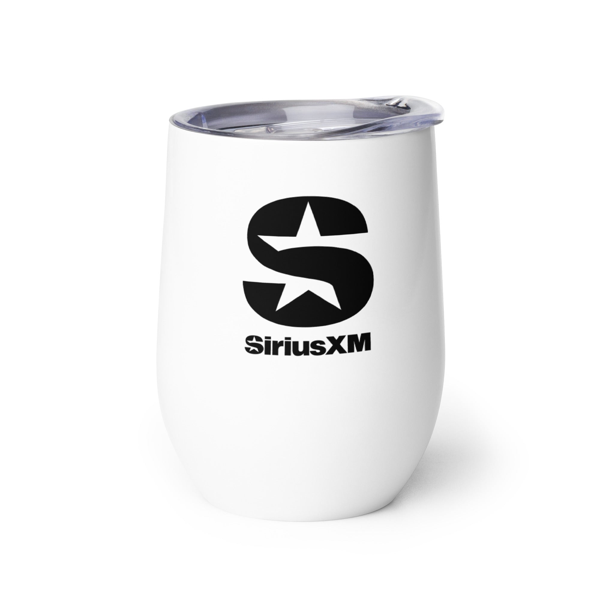 Back side of white insulated tumbler with clear lid featuring 'SiriusXM' logo in black text.