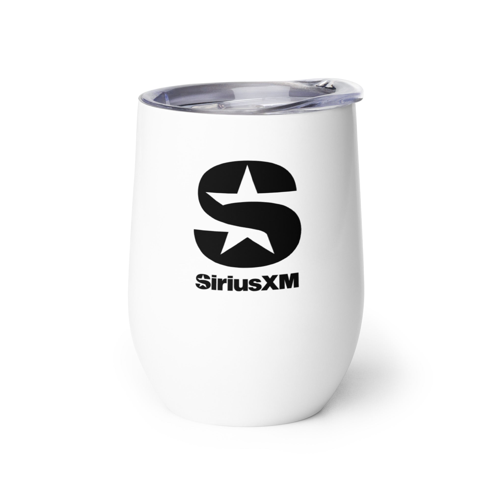 Back side of white insulated tumbler with clear lid featuring 'SiriusXM' logo in black text.