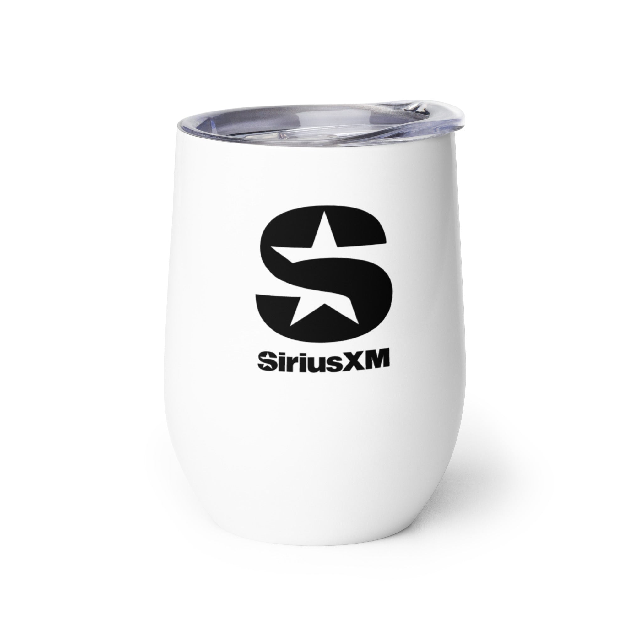 Back side of white insulated tumbler with clear lid featuring 'SiriusXM' logo in black text.