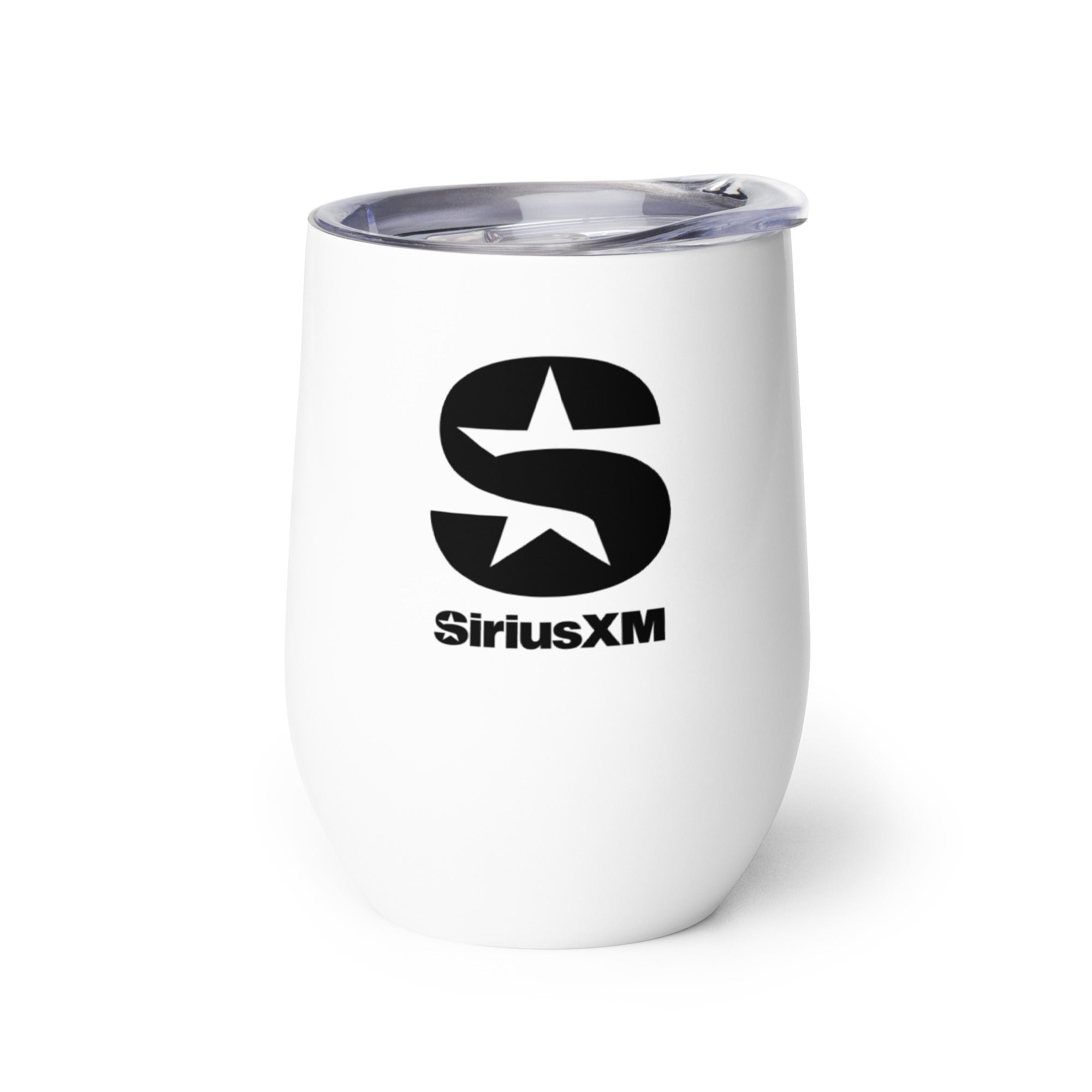 Back side of white insulated tumbler featuring the 'SiriusXM' logo with clear lid.