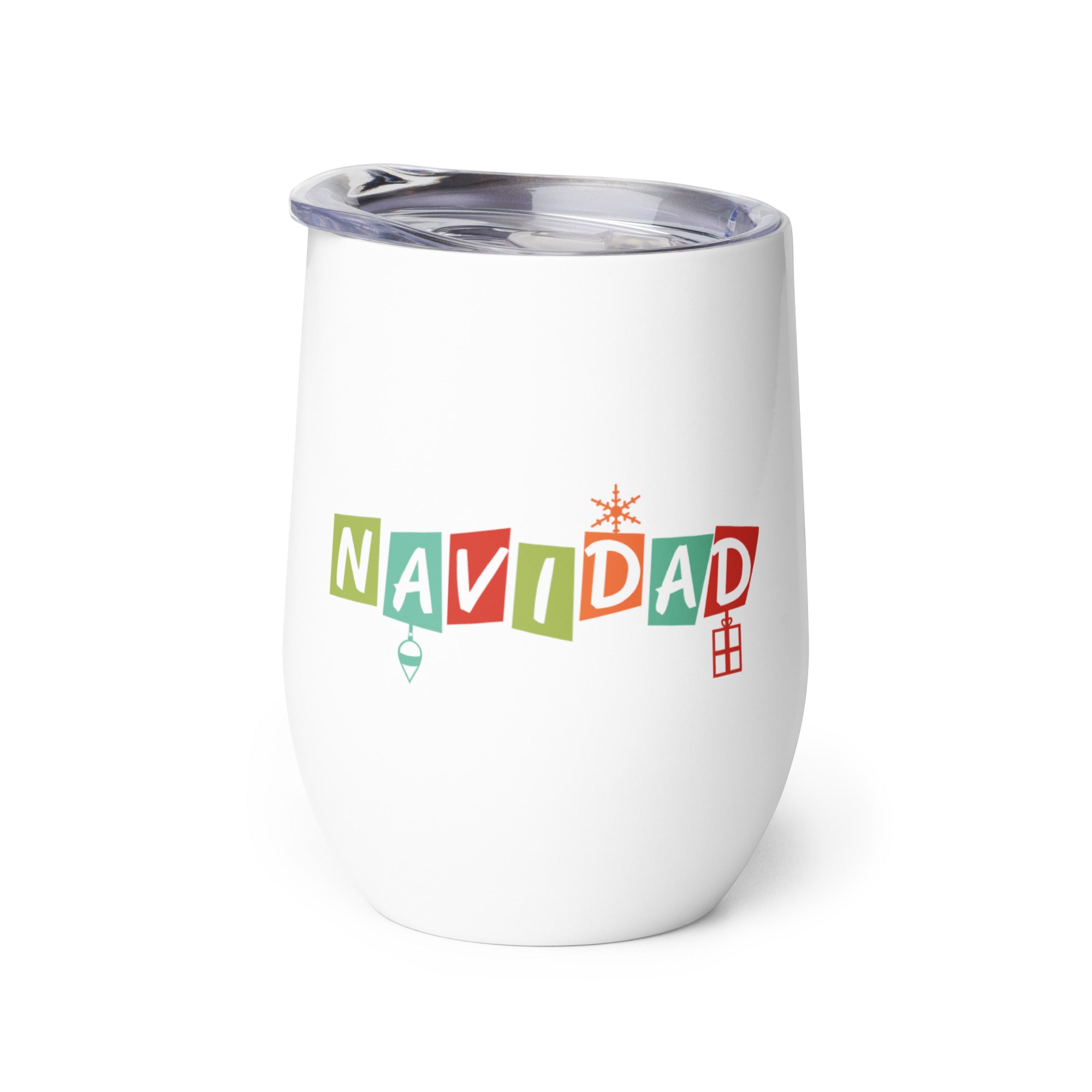 One side of white wine tumbler with 'Navidad' logo in colorful blocks.