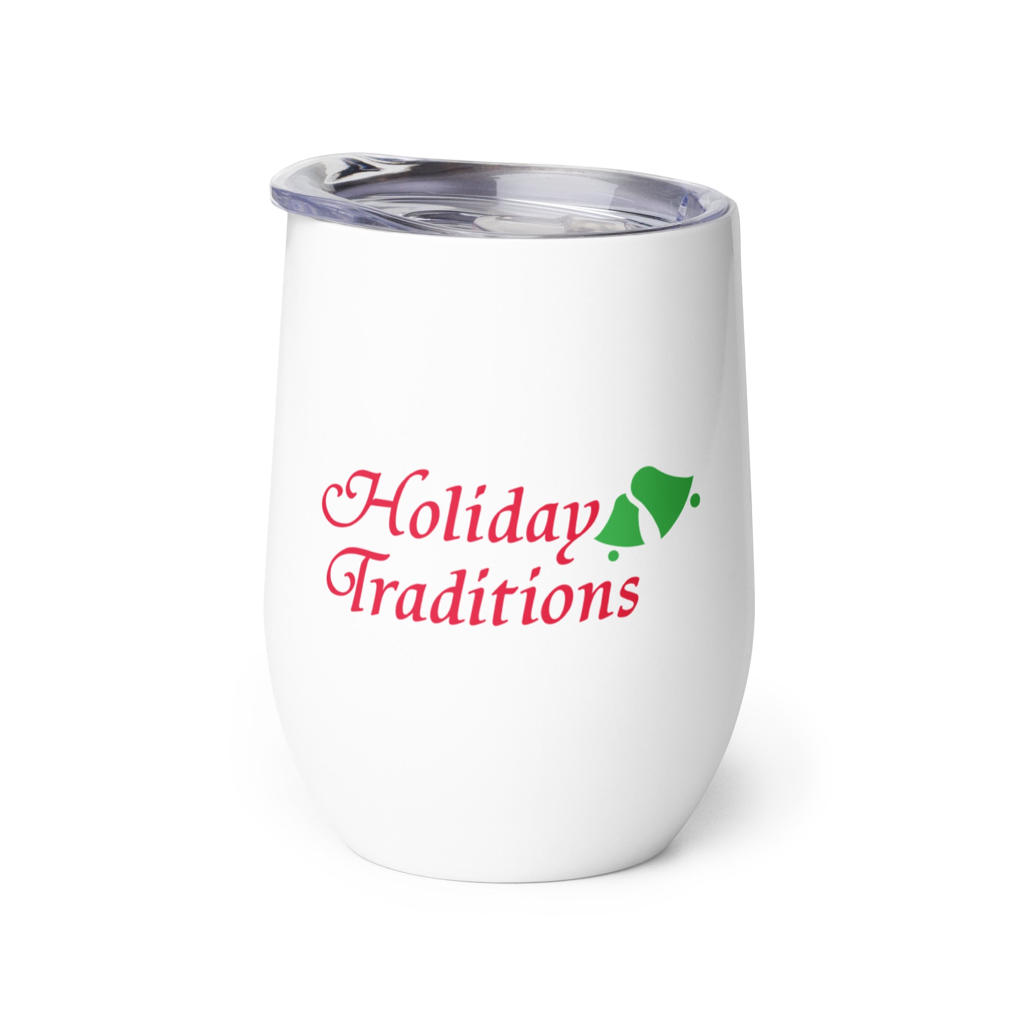 One side of white wine tumbler with 'Holiday Traditions' logo printed in red with two green bells.