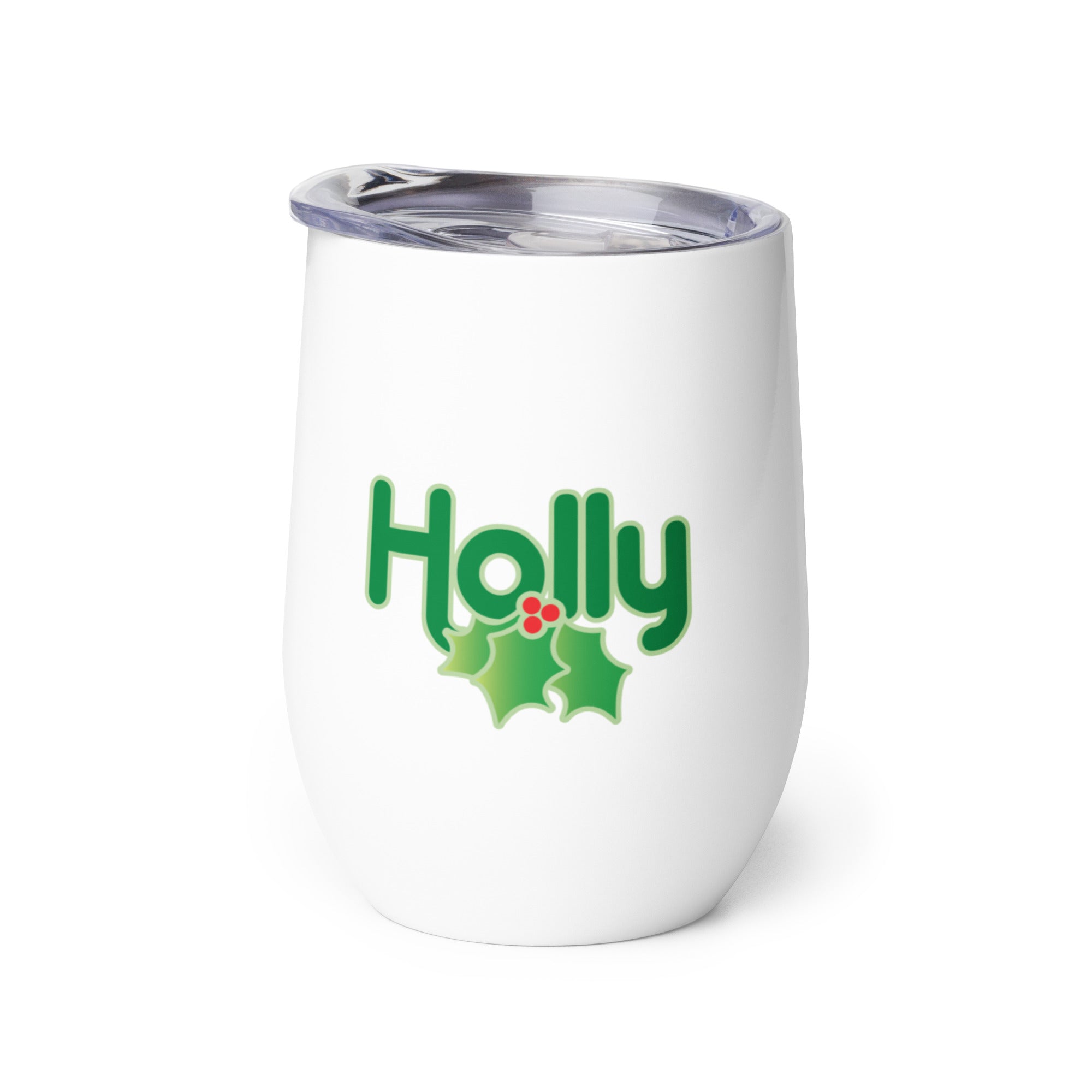 One side of white wine tumbler with the 'Holly' logo in green letters with holly leaves.