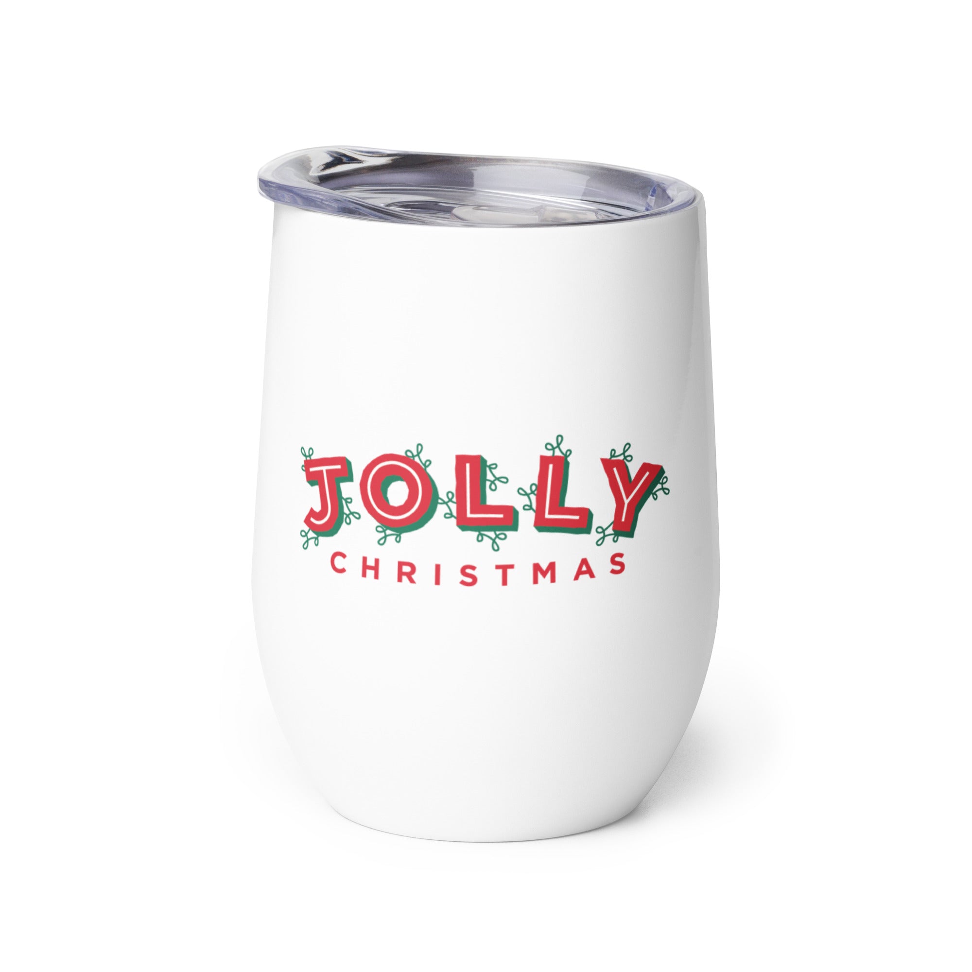 One side of white wine tumbler with the 'JOLLY CHRISTMAS' logo in red with green accents.