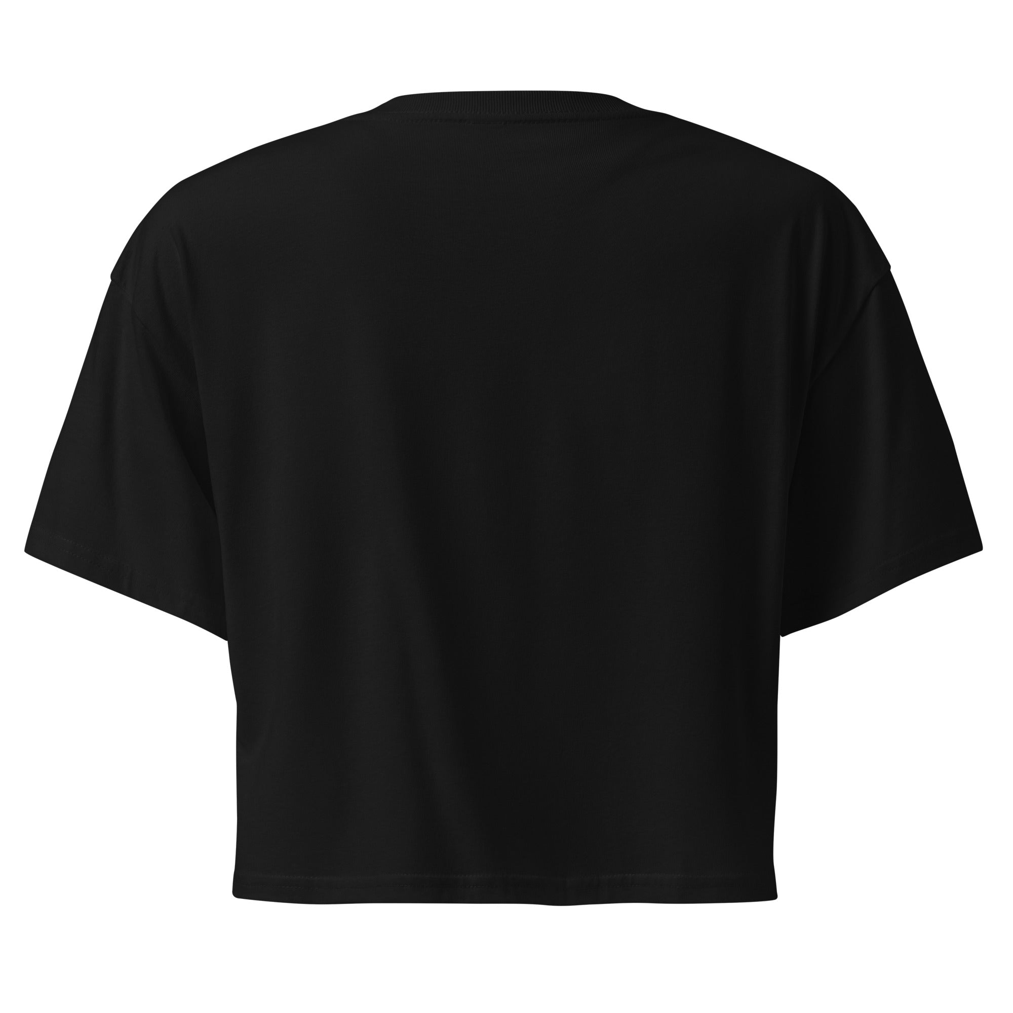 The back view of the black crop t-shirt, showing a clean and simple design with no visible logos or text.