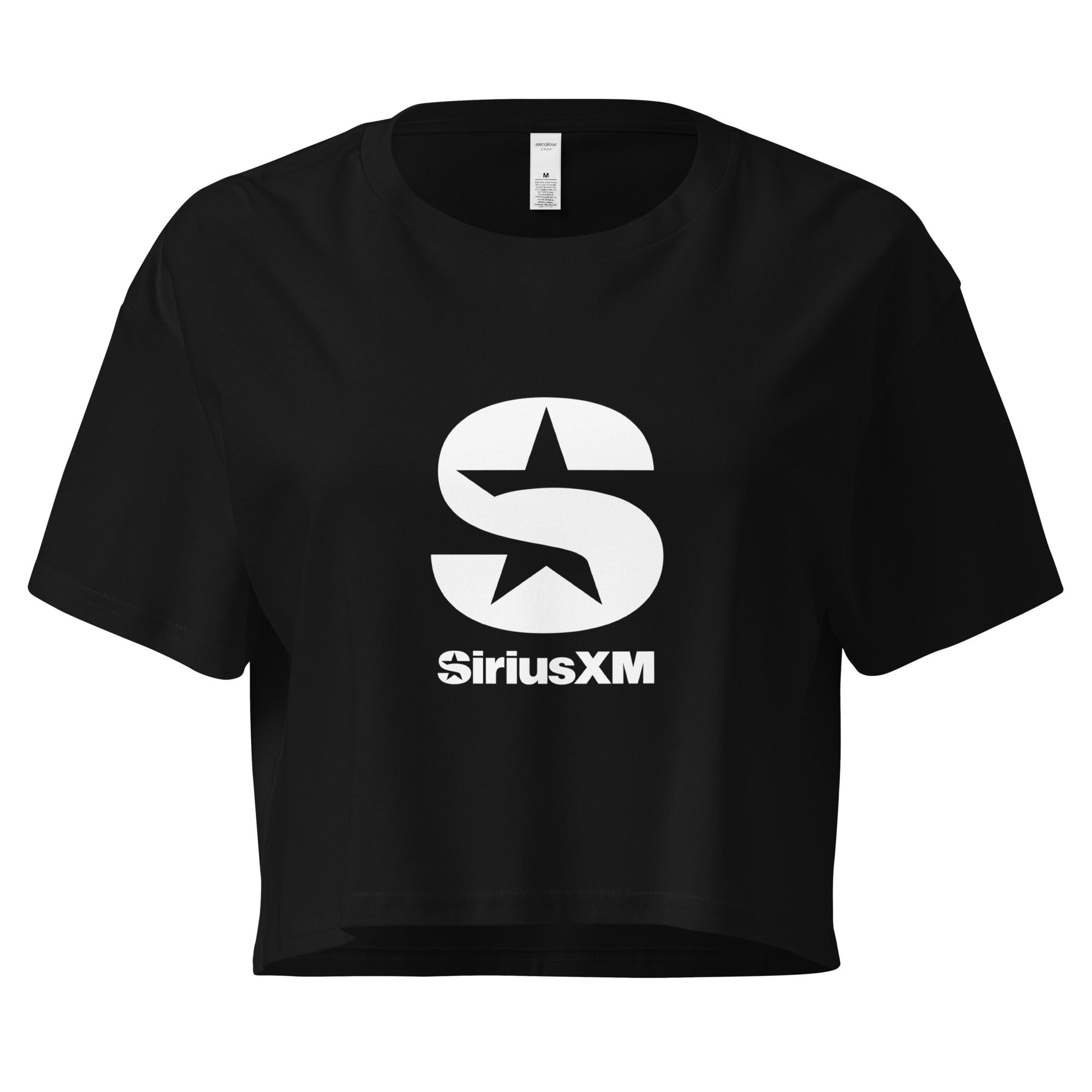 A standalone image of the black 'SiriusXM' cropped T-shirt, against a white background. The white 'S' logo is centered on the chest, and the shirt has a boxy, relaxed fit.