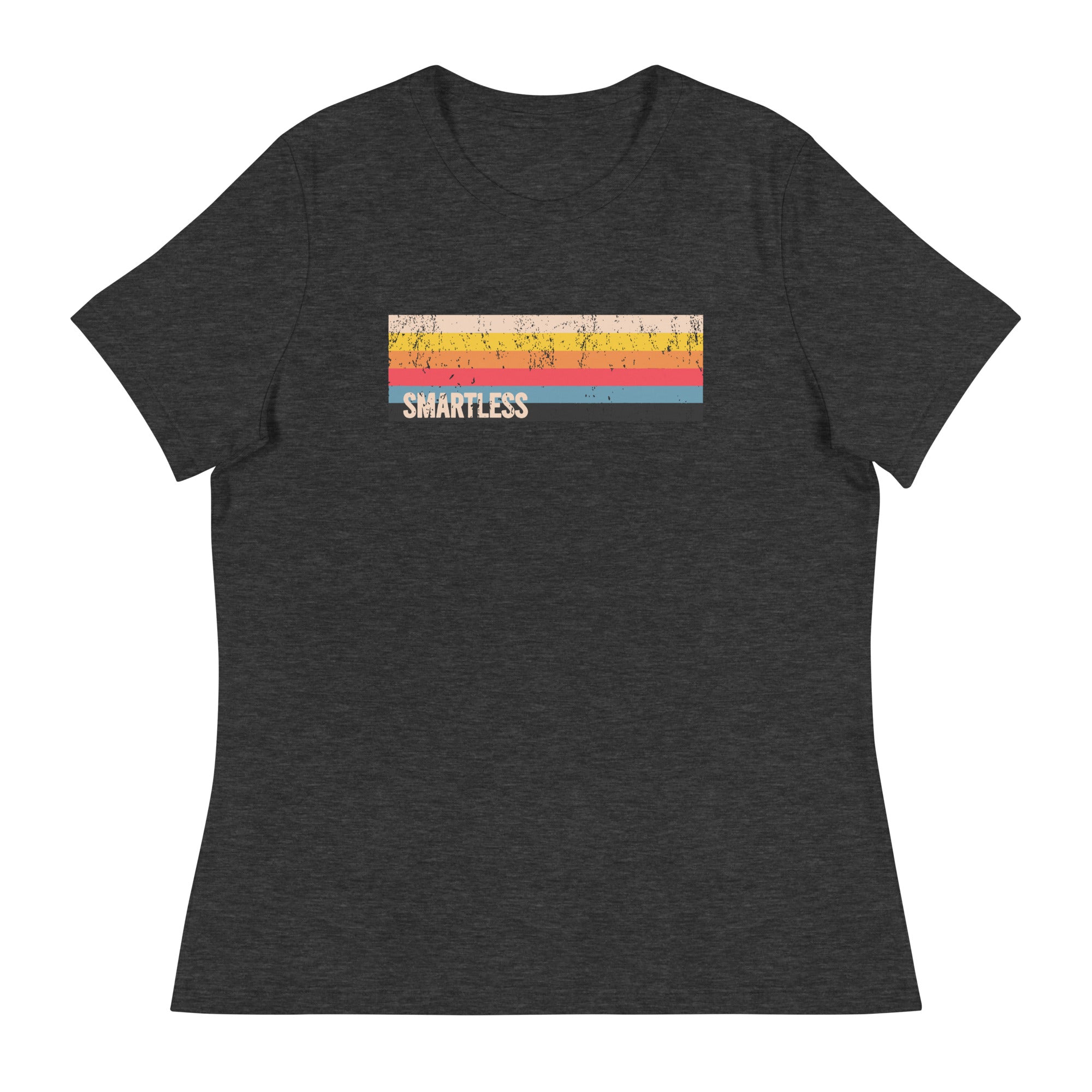 A dark gray heather t-shirt featuring a vintage-inspired design with horizontal stripes in yellow, orange, red, and blue, and the word 'SMARTLESS' printed in a distressed font.