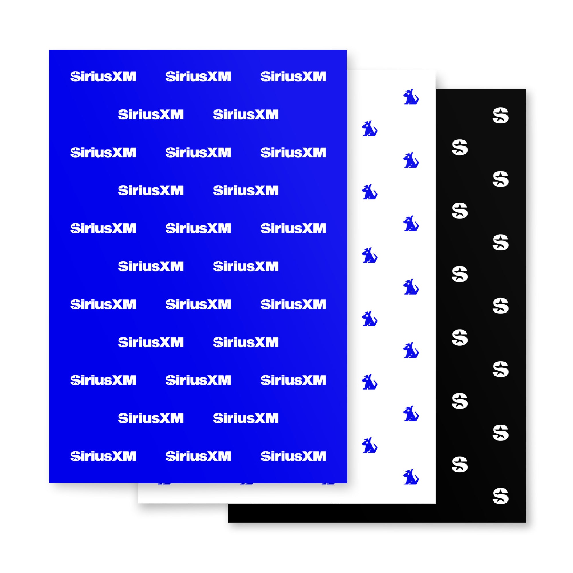 Three wrapping paper sheets featuring black, white and blue 'SiriusXM' logos in a repeated pattern.