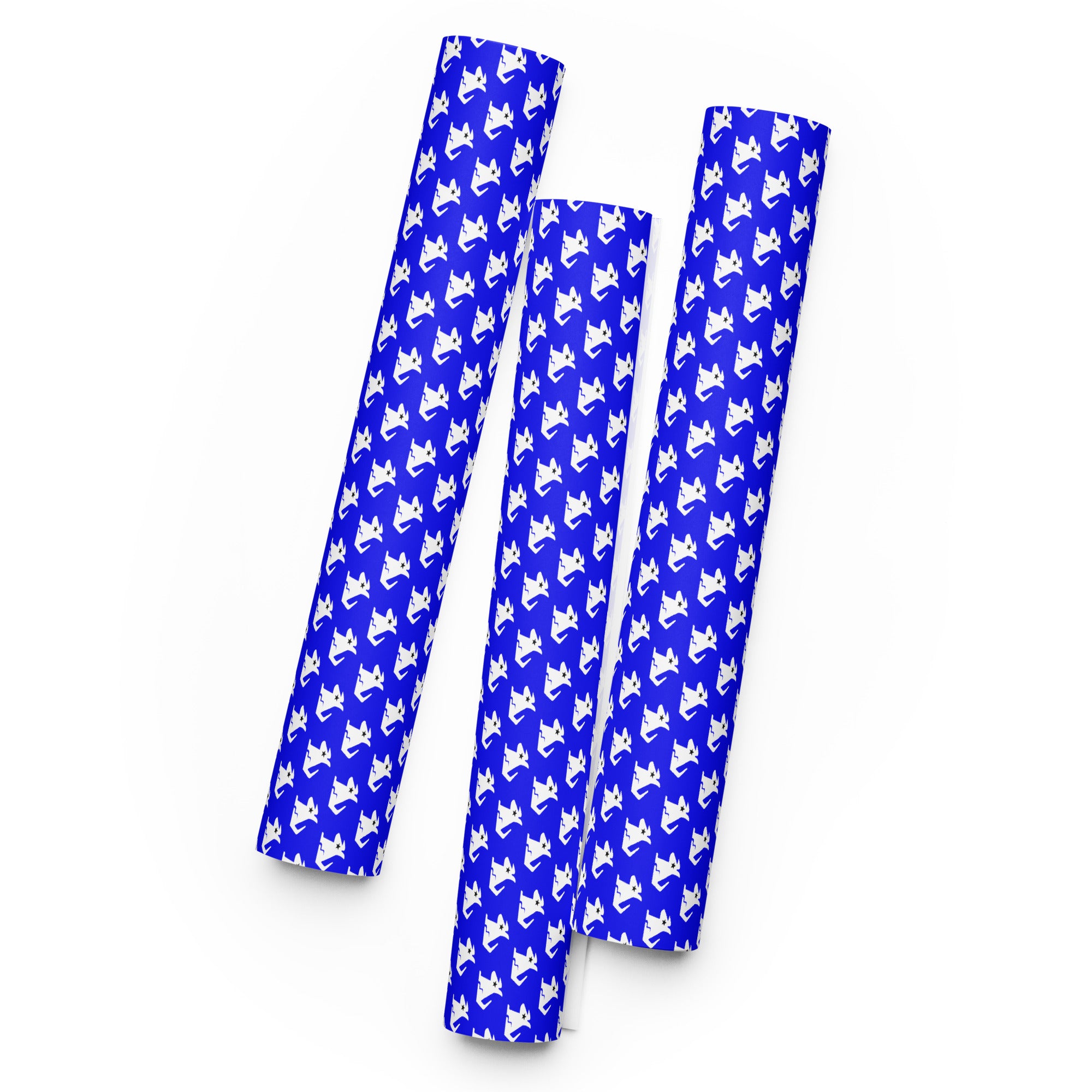 Three rolls of blue wrapping paper featuring a white dog pattern on a blue background.