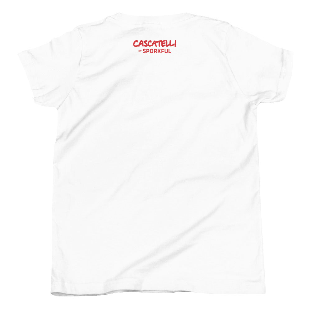 White t-shirt featuring 'Cascatelli by Sporkful' logo in red on the back.