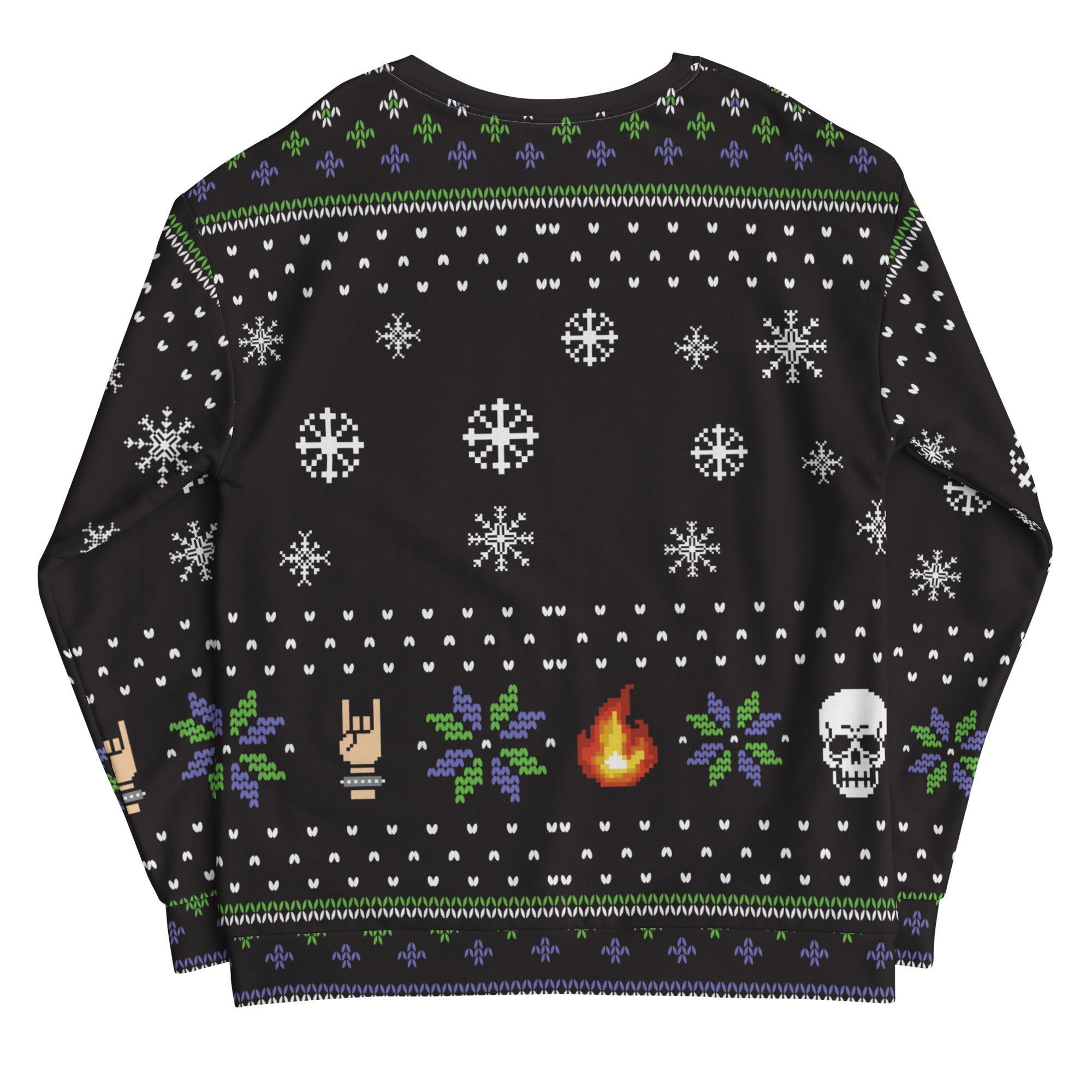 Back of a black sweater features a festive design with snowflakes, flames, a skull, and vibrant pixel art patterns.