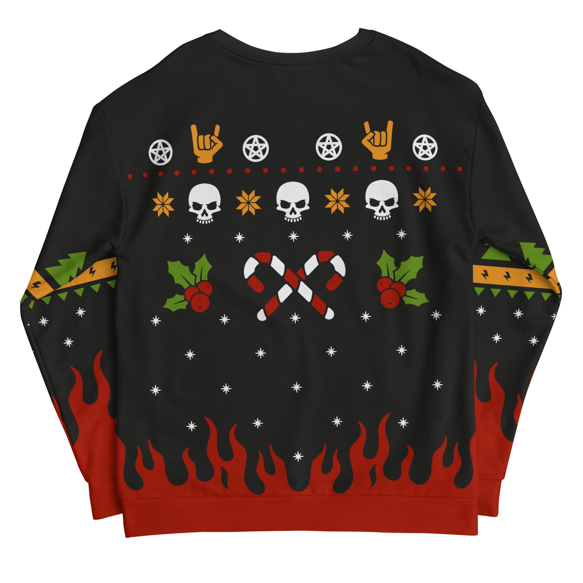 Black holiday sweater with skulls, candy canes, flames, and festive symbols in a punk style in red, green, white and gold.